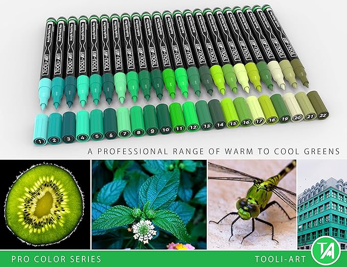 Acrylic Paint Pens 22 Green Tones Assorted Pro Color Series Markers Set 0.7mm Extra Fine Tip for Rock Painting, Glass, Mugs, Wood, Metal, Canvas, Projects, Non Toxic, Waterbased, Quick Drying