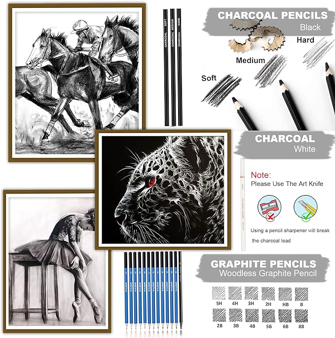 KALOUR 34 Sketching Pencil Set with Sketchbook - Zippered Travel Case - Sketch,Charcoal,Eraser - Art Drawing Supplies for Beginner, Kids,Adults