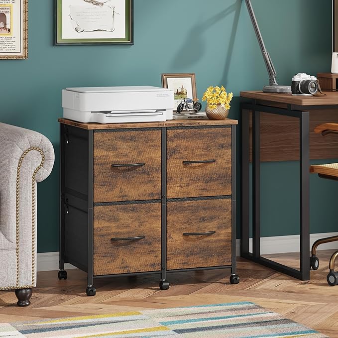 4 Drawer Lateral File Cabinet, Mobile Filing Cabinet for Large Printer, Home Office Functional Small Office Storage Cabinet & Printer Stand, Fabric Drawer, Fits Letter/A4, Rustic Brown