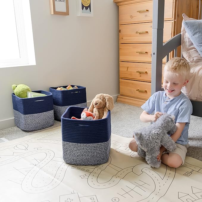 NaturalCozy Storage Cubes 11 Inch Cotton Rope Woven Baskets for Organizing, 3-Pack | Cube Storage Bin | Square Storage Baskets for Shelves Organizer, Classroom, Kids Toy Bins, Closet, Baby Nursery
