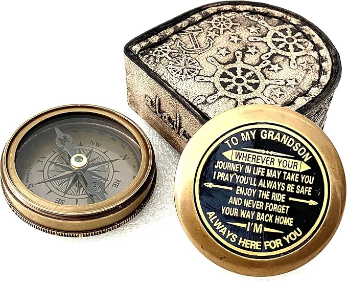 Gift for Grandson Brass Compass Engraved Quote | Memory Present to My Grandson Birthday, Baptism, Graduation, Confirmation, Love, Gift idea by Grandpa Grandma