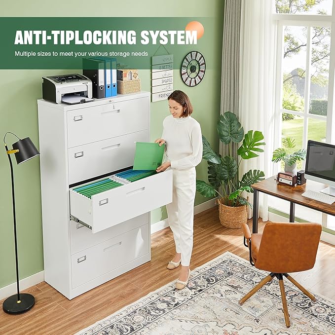 Letaya Lateral 5 Drawer File Cabinet with Lock,Metal Wide White Filing Cabinets for Home Office Storage A4/F4/Letter/Legal(Assembly Required)