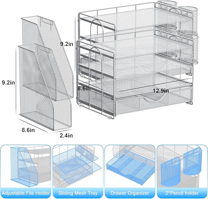 gianotter Desk Organizers and Accessories with File Holder, 4-Tier Desk Accessories & Workspace Organizers with Drawer and 2 Pen Holder, Paper Organizer for Office Supplies (Grey)