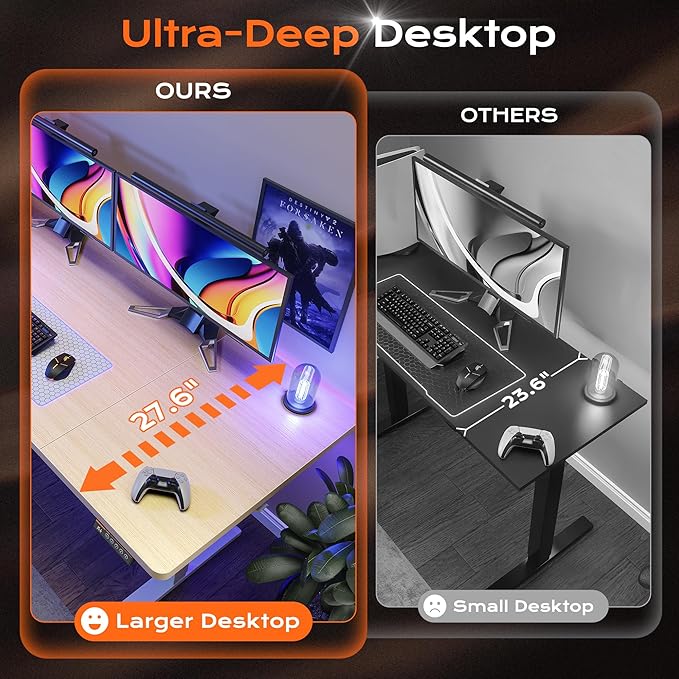 Huuger 63 x 28 Large Electric Standing Desk, Height Adjustable Computer Desk, 27.6" Deep Desktop, Stand up Gaming Office Table with 2 Hooks, 3 Preset Heights, for Home Office, Oak