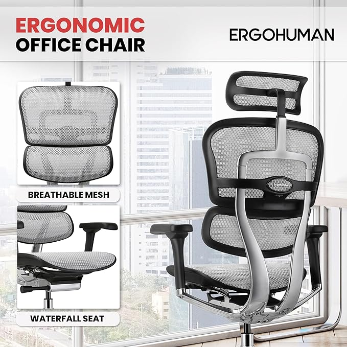 Ergohuman Eurotech ME7ERG GEN2 High Back Mesh Office Chair with Tilt Tension Control, Tilt Lock, Back Angle, Back Height, Synchro Tilt, Seat Height, Seat Depth, and Arm Height Adjustments, Grey