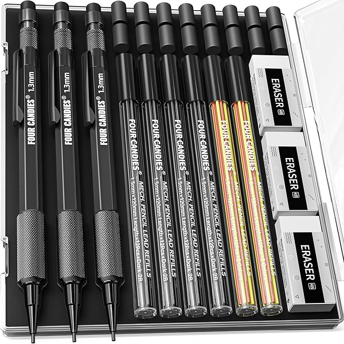 Four Candies 1.3mm Mechanical Pencil Set with 72 Lead Refill, 3PCS Metal Weatherproof Body Heavy Duty Carpenter Pencil, 3 Eraser, 16 Eraser Refill, for Outdoor Woodworking Drafting Marking with Case