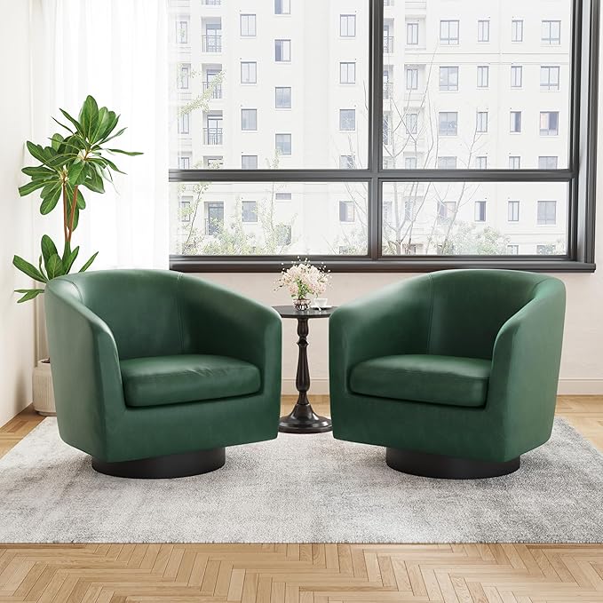 UIXE Faux Leather Swivel Accent Chairs Set of 2, Modern Upholstered Barrel Chairs for Living Room, Comfy Round Armchair Single Sofa Bedroom Reading Seat - 31" W, Green