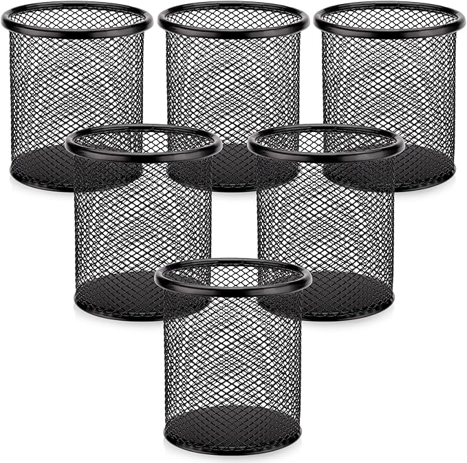 Segarty Pen Holder, 6 Pack Round Black Pen Cup Holder for Desk, Wire Mesh Pencil Containers Set for Office Supplies, School Maker, Home Desktop Accessories Organizer, Makeup Brush