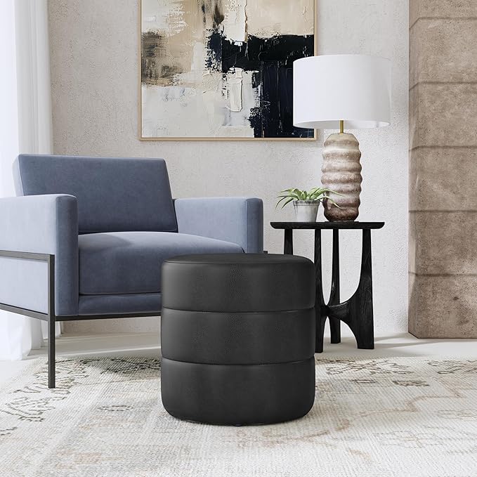 HomePop Upholstered Faux Leather Round Ottoman Home Décor|Foot Rest Ottoman- Black Faux Leather