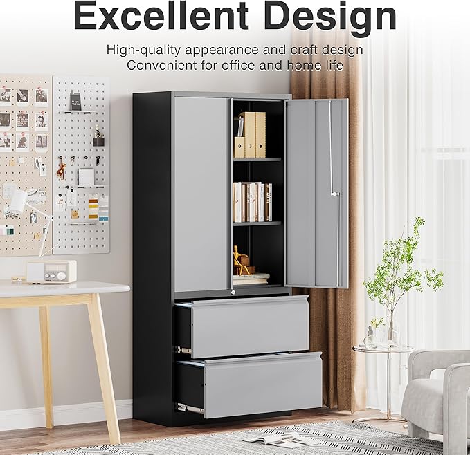 SISESOL Metal Storage Cabinet with Drawers, 71" File Cabinets for Home Office, Locking Steel Storage Cabinet with Doors and Shelves for Home, Office, Warehouse, Garage, School (Gray, 2 Drawers)