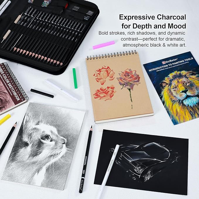 Kird Barken 112 PCS Professional Drawing Set – Sketch Kit with Graphite & Charcoal Pencils, 3-Color Sketchbook, Art Supplies for Shading & Blending – Ideal for Artists, Adults, Teens & Beginners