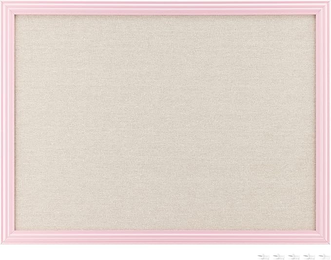 Navaris Framed Linen Bulletin Board - 17 x 23 inches Fabric Jewelry Organizer Pinboard for Wall Memory Memo Pin Board - Natural Linen with Pink Frame