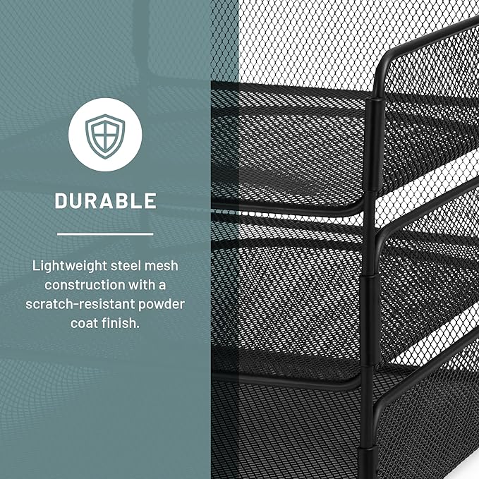 Safco Onyx Desk Organizer, 3 Trays, Office and Classroom Mailbox, Paper and Mail Sorter, Steel Mesh, Black