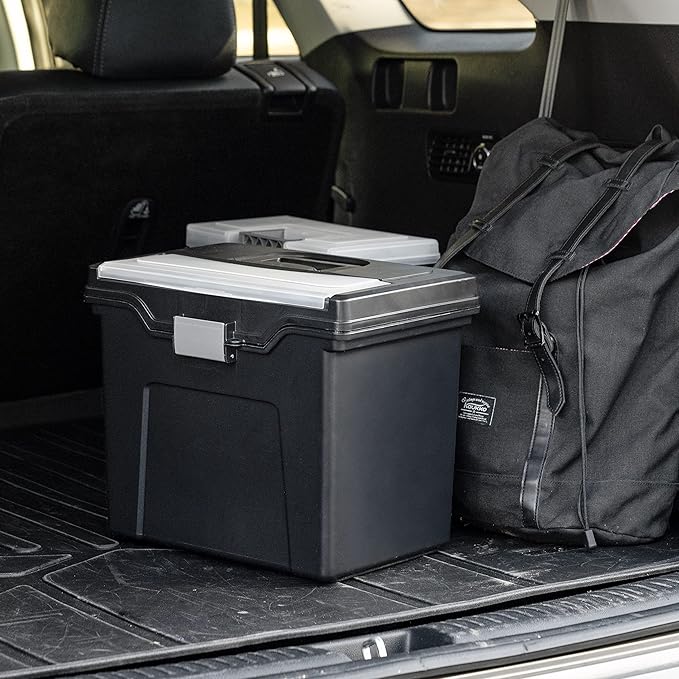 IRIS USA File Box with Lid File Organizer for Letter File w/ Organizer-Lid, Water Resistant Document Box, Plastic Mobile Filing Organizer, Secure Buckle, Portable Handle, Lockable, Black 4 Pack