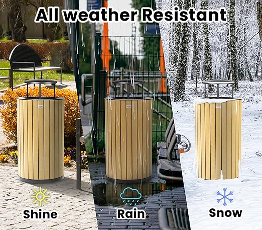 Alpine 32 Gallon Commercial Outdoor Trash Can - Heavy Duty Garbage Can Outdoor, Industrial Trash Can with Plastic Panels for Patio, Parks, Trails & Resorts (Rain Bonnet Lid - Cedar)