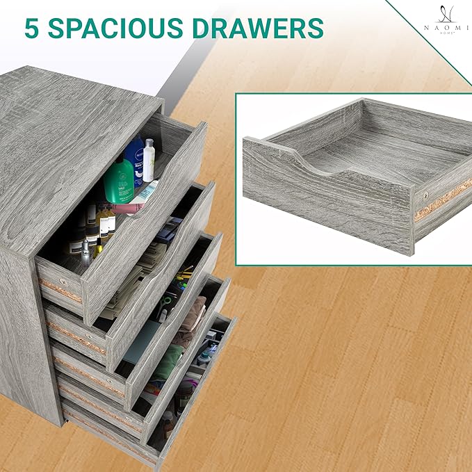 Naomi Home 5 Drawer Office Storage File Cabinet, Under Desk Cabinets for Organization Filing Cabinet with Wheels, Printer Stand Storage, 180 lbs Capacity - Gray Oak 11394AM