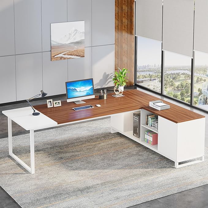 Tribesigns 70.8" L-Shaped Executive Desk with 55" File Cabinet, Large Home Office Computer Desk with Storage Shelves and Cabinet, Modern Business Furniture Set Home Office, Walnut White