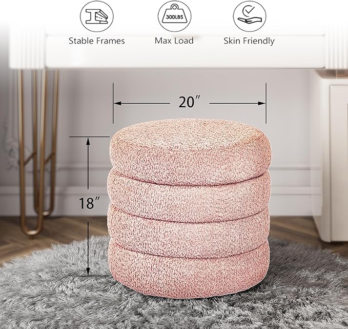 Storage Ottoman, Round Ottoman with Storage, Vanity Stool Foot Rest with Removable Lid, Round Boucle Upholstered for Living Room Pouf Footstool (Pink)