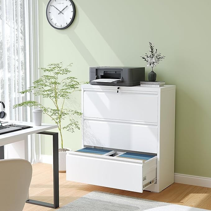 3 Drawer Lateral File Cabinet, Metal Filing Cabinets for Home Office, Steel Storage Wide File Cabinet for Letter/Legal/F4/A4 Size with Hanging Bars, Assembly Required (White)