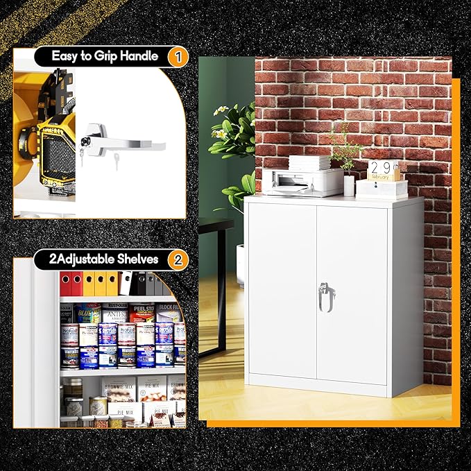 Greenvelly Metal Garage Storage Cabinet, Lockable Metal Cabinets with 2 Doors and Shelves,36”Steel Storage Locking Counter Cabinet for Office,Garage,Kitchen,Home,School(White)