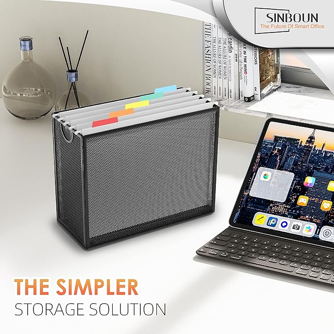 Sinboun Hanging File Organizer Letter-Size File Holder Filing Box Includes 5 Hanging Folders - Metal Mesh Magazine Letter Storage Cabinets File Cart for Office Home School, No Assembly Required