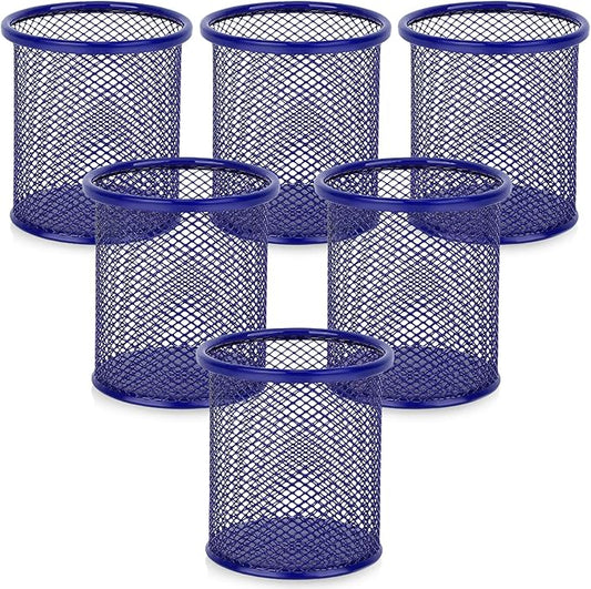 Segarty Pen Cup, 6 Pack Round Cute Dark Blue Pen Holder for Desk, Wire Mesh Pencil Holder Container Set, Desktop Organizer for Office Supplies, Maker, School, Home Storage, Makeup Brush