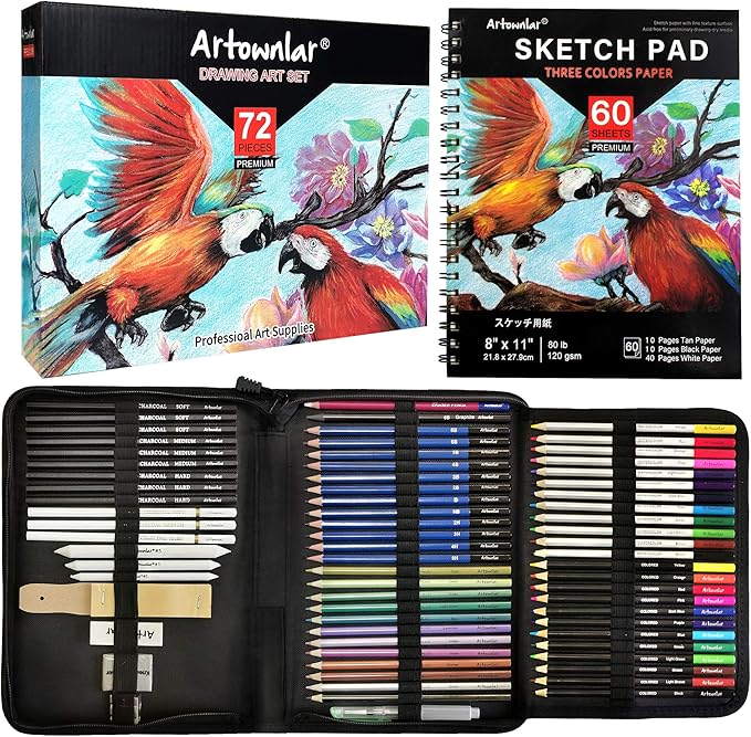 Artownlar 72 Pack Drawing Sketching Set with 8x11 Sketchbook | Pro Art Supplies Kit for Artist Adults Teens Beginner | Graphite Charcoal, Watercolor & Metallic Colored Pencils in Gift Case.