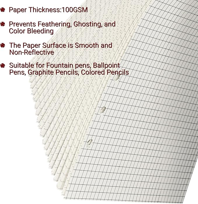 A5 Grid-Ruled Refill Paper, 100gsm Thick Beige No-Bleed Sheets (2 Packs, 80 Sheets Each), Pre-Punched – Fits A5 6-Ring Binders for Office, School & Teachers