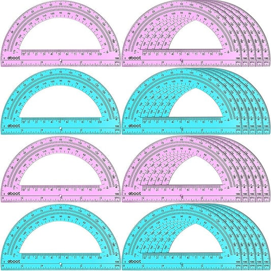 EBOOT 24 Pack Plastic Protractors Math Protractor 180 Degrees 6 Inch (Pink, Blue)