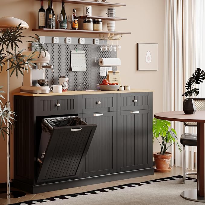 30 Gallon Tilt Out Trash Cabinet, Wooden Kitchen Trash Can Cabinet with Hideaway Drawer, Freestanding Laundry Hamper Garbage Recycling Cabinet on Wheels, Pet Proof, Triple, Black