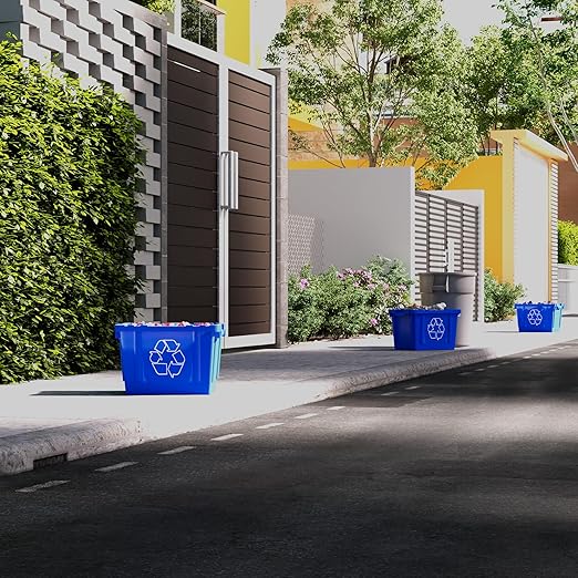14 Gallon Rectangular Blue Recycling Bin | 4 Pack | Inside Outside Curbside | Stackable Box for Paper Plastic