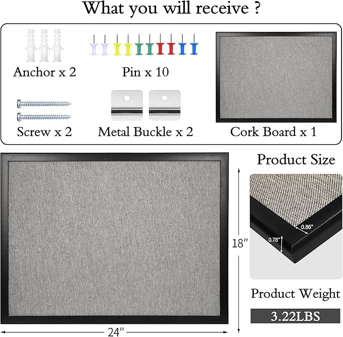 SHANTRA 24 x 18 Inch Bulletin Board with Grey Fabric, Wood Framed Canvas Cork Board, Corkboard for Walls with 10 Pins, Decorative Vision Board, Wall Mounted Notice Board for Home, Office, School