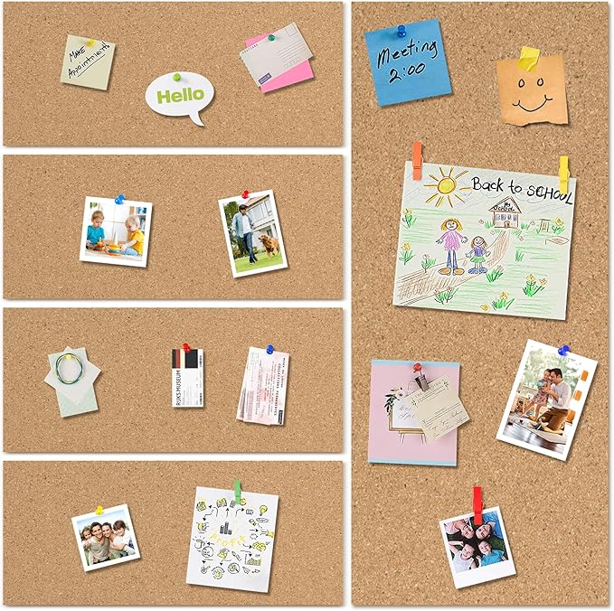 AKTOP Cork Board Bulletin Board 17"x8", 1/2" Thick Cork Board Tiles 10 Pack, Small Pin Board for Wall Decor, Self Adhesive Corkboards with 120 Push Pin Wood Clips for School, Home & Office
