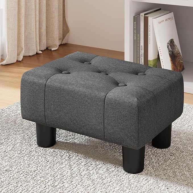 LUE BONA Small Tufted Foot Stool, Fabric Foot Stools Ottoman with Plastic Legs, 9''H, Rectangle Footstool for Adult with Non-Slip Pads, Sofa Foot Rest for Living Room, Couch,Carbon Grey