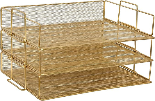 Martha Stewart Ryder 3 Tier Desk Letter Tray Organizer, Stackable Steel Mesh Inbox Tray for Files, Papers, or Letters, Gold