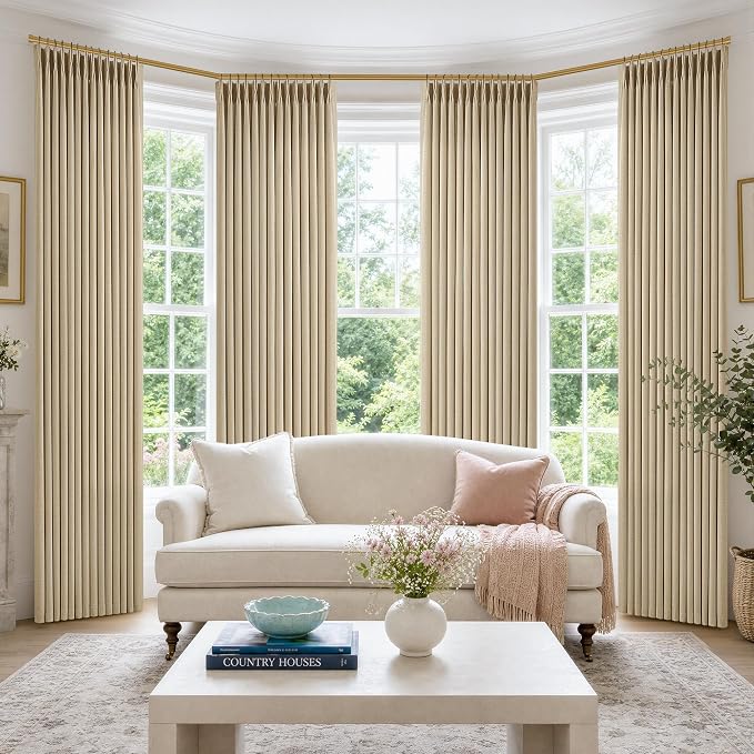 Pinch Pleated Beige Curtains 90 Inches Long by Twodrapes