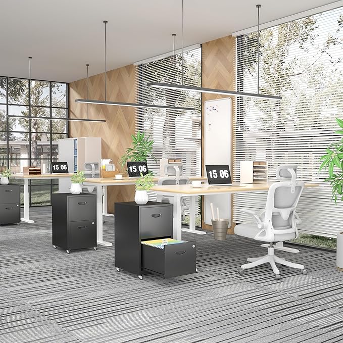 2 Drawer File Cabinet with Lock，Black Rolling File Cabinet for Home Office, Metal Small Mobile Filing Cabinets on Wheels for Hanging Letter