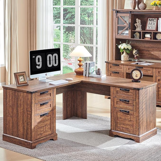 RedLemon 60" Farmhouse L Shaped Executive Desk with Drawers, Wood Home Office Corner Desk with Charging Station, File Drawer, Storage Cabinet, Rustic Computer Writing Desk (Reclaimed Barnwood)