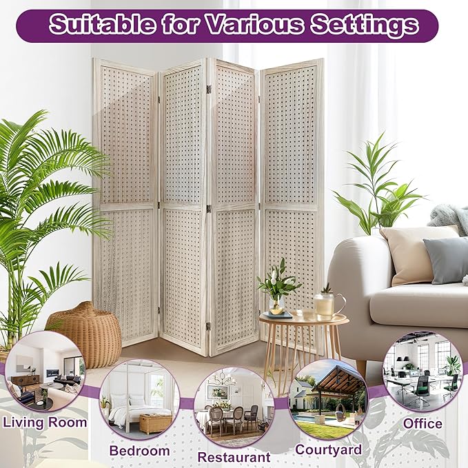 Room Divider, 5.6FT Folding Room Divider Panel, 4 Panel Pegboard Display Wood Partition Wall Divider for Room Separation& Craft Shows, Natural Wood