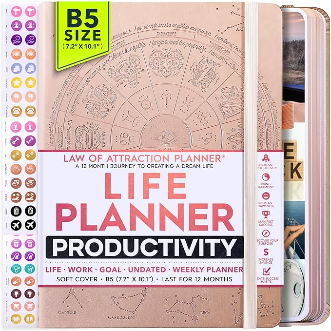 Law of Attraction Planner – Undated Hourly, Weekly & Monthly Goal Setting Planner, 12-Month to Increase Productivity | Life & Gratitude Journal, Include Foldable Vision Board, Gift Box & Stickers