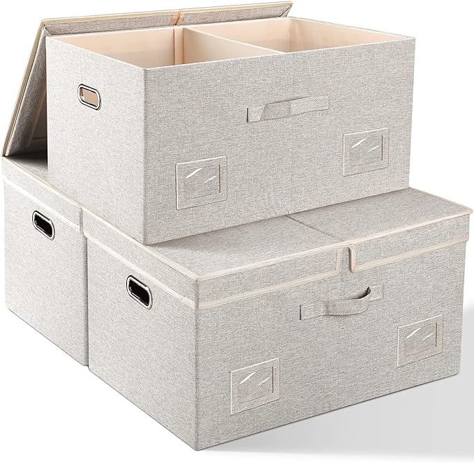 75 Quarts Extra Large Decorative Storage Bins with Lids, 3 Packs Beige Collapsible Storage Bins with Lids, Stackable Storage Bins Decorative Box Storage With Lid Extra Large