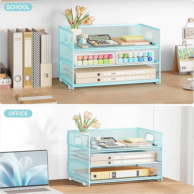 Subekyu 3 Tier Paper Desk Organizer with Handle and 1 PC Slideable Letter Tray, A4 Paper File Folder Sorter Metal Mesh Organizer for Home Office School Desk Supplies Organization Storage, Blue