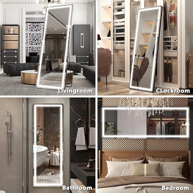 Hasipu Full Length Mirror with Lights, 65" x 22" LED Floor Mirror, Full Body Dressing Standing, Hanging Mounted Mirror for Living Room Bedroom Cloakroom, Round Black