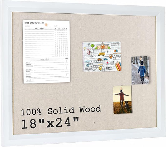 Bulletin Board Cork Board with Linen, 100% Wood Framed 18" x 24" Bulletin Board Decorations, Pin Boards for Walls, Wall Mounted Fabric Picture Board with 10 Pushpins for School, Home & Office, White