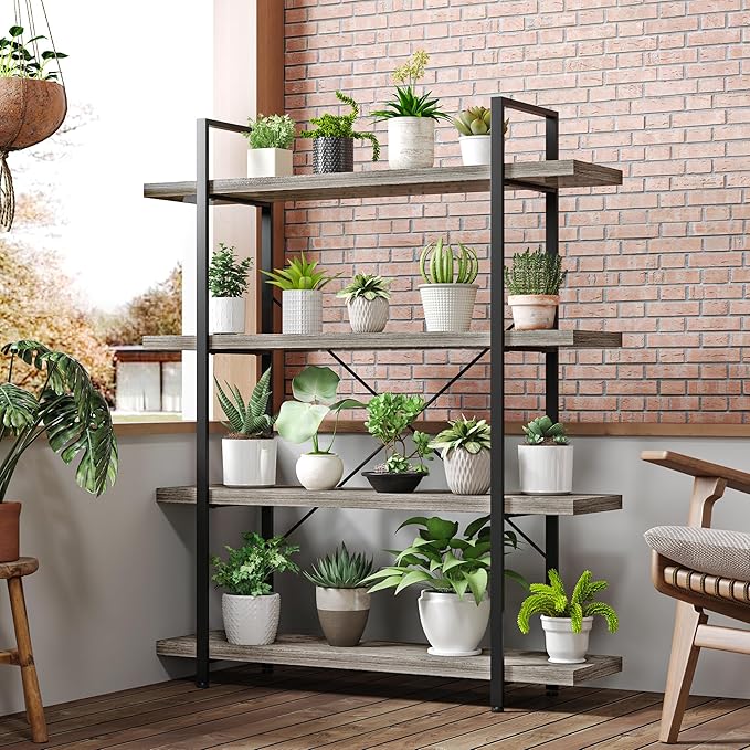 Bookshelf Set of 2, Heavy Duty 4-Tier Industrial Bookcase, 47" Wide Wood Bookshelf for Home Office, 120lbs Shelf Capacity, Rustic Display with Horizontal Shelf for Living Room Bedroom,Grey