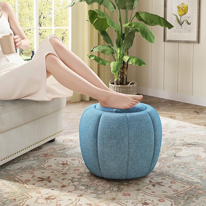 Storage Ottoman, Round Ottoman with Storage, Upholstered Soft Vanity Stool for Living Room, Foot Stool Ottoman for Bedroom, Entryway (Navy Blue)