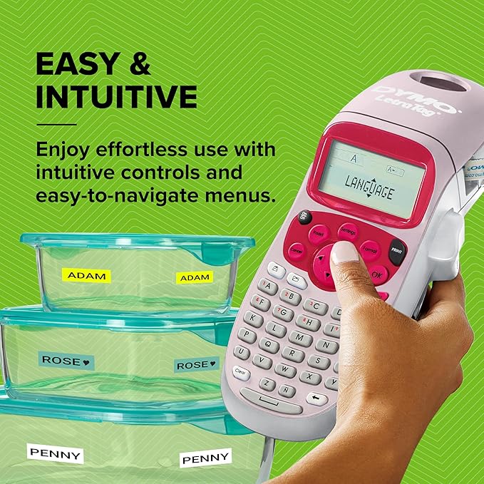 DYMO LetraTag LT-100H Handheld Label Maker ABC Keyboard Label Printer with Easy-to-Use, 13 Character LCD Screen Great for Home & Office Organisation Pink