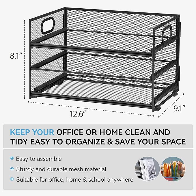 Subekyu 3 Tier Paper Letter Tray Organizer for Desk, Black Metal Mesh Desk File Folder Sorter Organizer with Handle and Sliding Tray for Home, Office, School Supplies Organization Storage