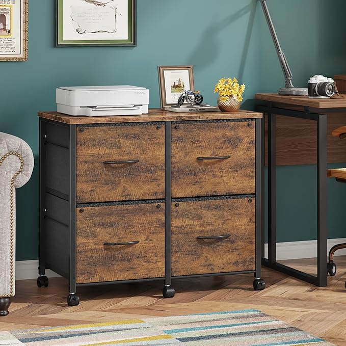 Lateral File Cabinet 4 Fabric Drawer, Mobile Filing Cabinet for Large Printer, Home Office Functional Small Office Storage Cabinet & Printer Stand, Fits A4/Letter Size, 30.4''W, Rustic Brown