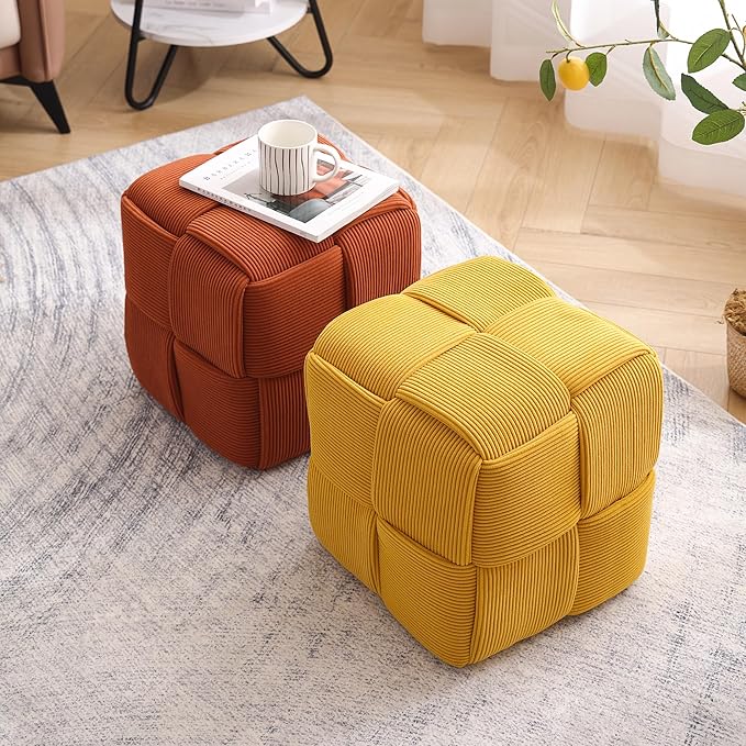 Ottoman Foot Rest Soft and Comfortable Ottoman Square Corduroy Woven Design Sofa Stool (Orange)